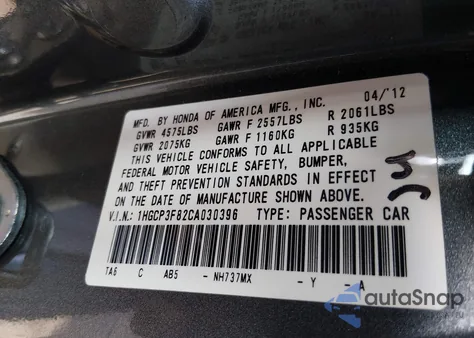 2012 Honda Accord 3.5 Ex-L from USA, damaged, VIN 1HGCP3F82CA030396